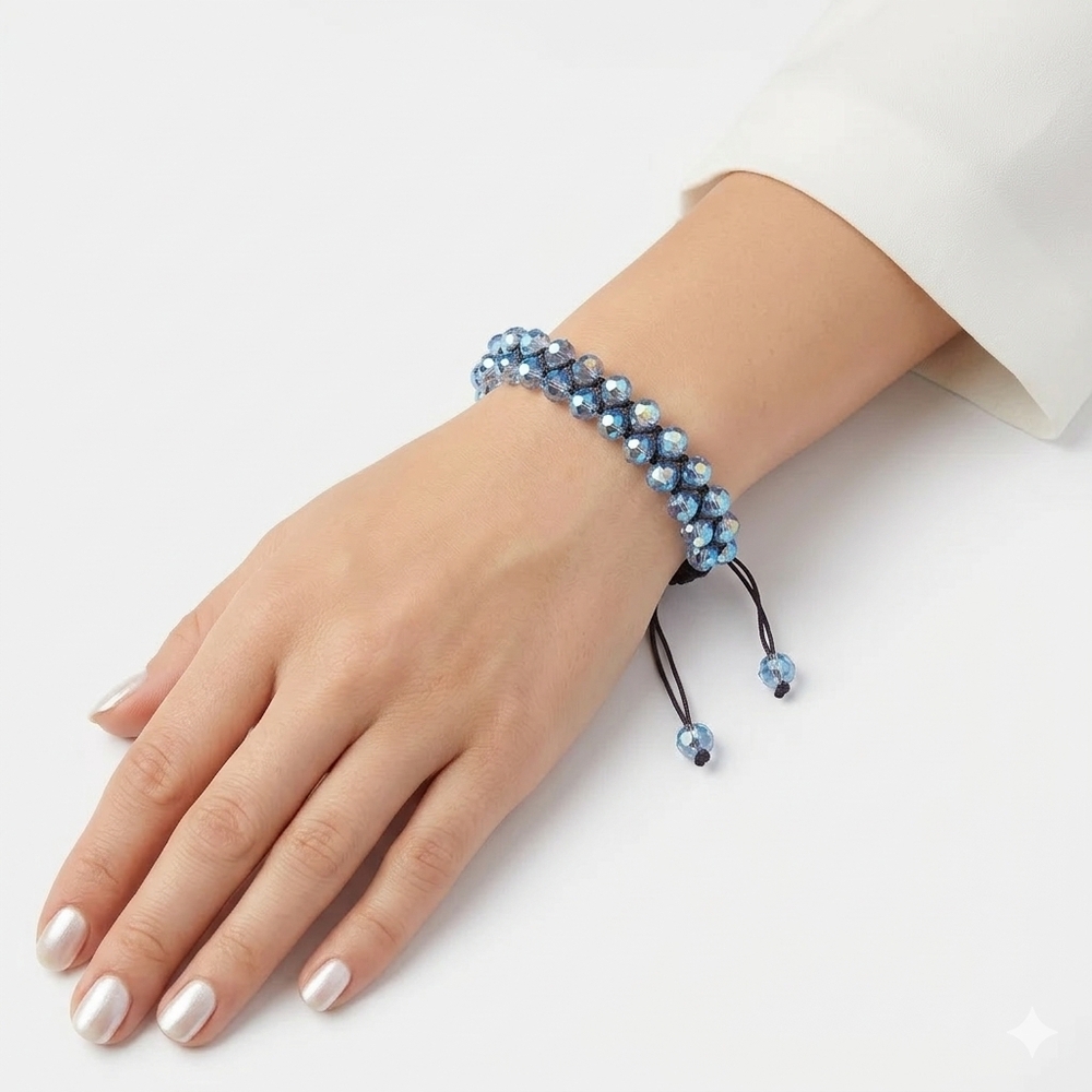 Double Strand Blue AB Crystal Faceted Bead Adjustable Macramé Bracelet Boho